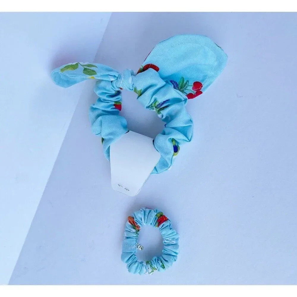 2 New Bow Scrunchie Hair Tie Blue Floral Cotton